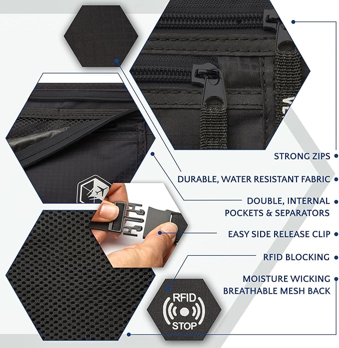 VENTURE 4TH Money Belt for Travel – Hidden Under-Clothes RFID Blocking Passport Holder & Slim Travel Wallet Pouch for Men & Women to Protect Cash, Cards & Documents (Pure Black)