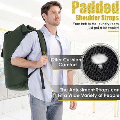 Laundry Bags Extra Large Heavy Duty, 115L Laundry Backpack, Sturdy Laundry Bag with Shoulder Straps, Army Green Laundry Bag for College, Top Loading Duffle Bag for Camp, Travel, Dorm, Apartment