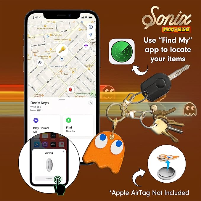 Sonix Keychain Case Compatible with Apple AirTag | Protective AirTag Cover Keychain Charm | Pac-Man Classic - Clyde (Orange)