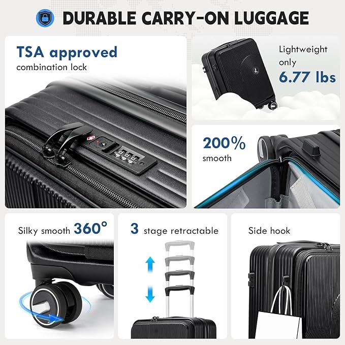 RAINSMORE Carry on Luggage Airline Approved, 20 Inch Expandable Hard Sided Carry on Suitcase with Spinner Wheels, Hard Shell Small Rolling Travel Luggages for Women Men with Tsa Lock, Black