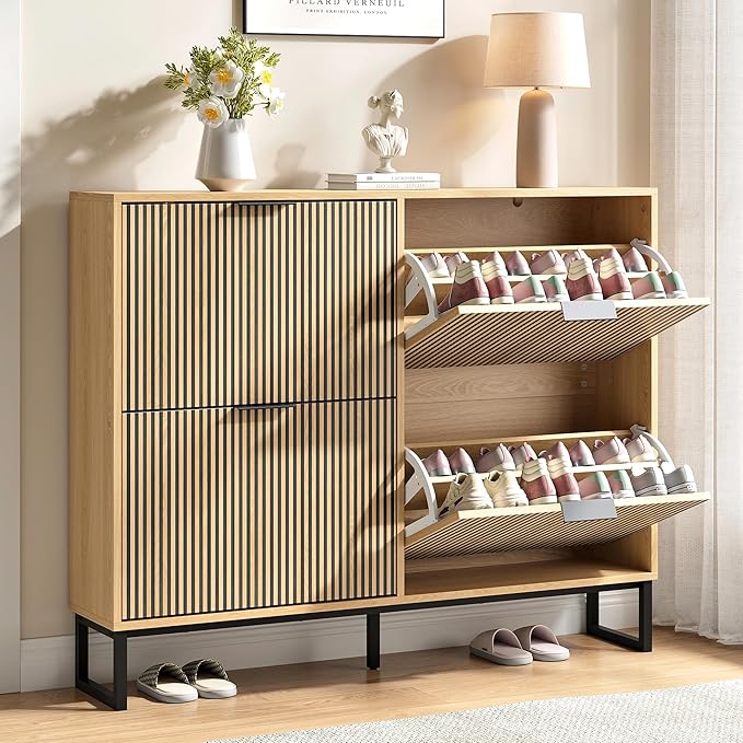 Shoe Storage Cabinet for Entryway with 4 Flip Drawers,Narrow Shoe Rack Cabinet,Hidden Slim Shoe Storage Freestanding Shoe Organizer Cabinet for Entryway, Hallway