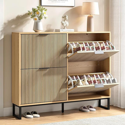 Shoe Storage Cabinet for Entryway with 4 Flip Drawers,Narrow Shoe Rack Cabinet,Hidden Slim Shoe Storage Freestanding Shoe Organizer Cabinet for Entryway, Hallway