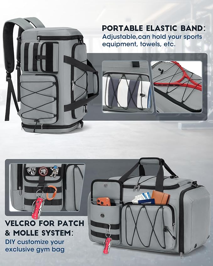 SDYSM Gym Bag for Men 45L Sports Duffel Bags 3-in-1 Travel Duffel Bag with Shoe Compartment, Gym Workout Backpack Carry On Weekender Bag Overnight Bag for Travel, Grey