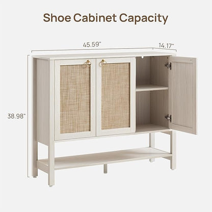 SICOTAS Rattan Shoe Cabinet with Storage - 30 Pairs Boho Shoe Organizer with 3 Doors & Adjustable Shelves, Large Farmhouse Shoe Rack Cabinet for Entryway, Hallway, Living Room (White)