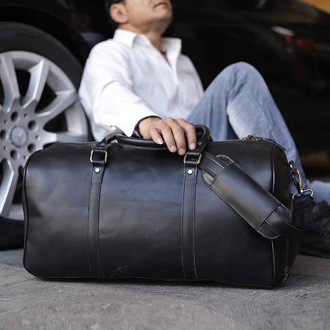Leather Travel Bag,Weekender Overnight Bag Leather Large Carry On Bag Travel Tote Duffel Bag for Men & Women