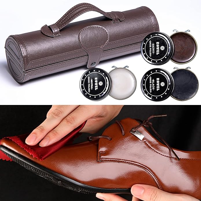 YUET 12PC Shoe Shine Kit Leather Boot Polish Kit w/Brushes and Brown, Black, Neutral Polish for Shoe Care and Cleaning