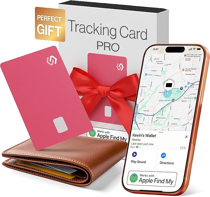 SPOTMINDERS White Elephant Gifts for Women Apple MFi Certified Credit Card Wallet Tracker PRO Pink (iOS Only) 0.07in Works with Apple Find My Rechargeable Tracking Card for Christmas Stocking Stuffers