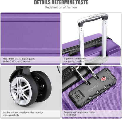 Kono Carry On Luggage Set Airline Approved Lightweight PC+ABS Carry On Suitcase with TSA Lock Spinner Wheels Durable Luggage Hardside Purple