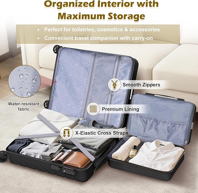 AnyZip Suitcase, 20" Carry On Luggage 14" Mini Cosmetic Cases Luggage Sets Hardside PC ABS Lightweight USB Suitcase with Wheels TSA for kids (2-Piece Set (14/20),Black)
