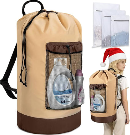 Laundry Bag Backpack with 3 Sizes Mesh Wash Bags and Shoulder Straps Foldable Clothes Hamper Bag with Drawstring Closure for College, Apartment, Laundromat (Brown)