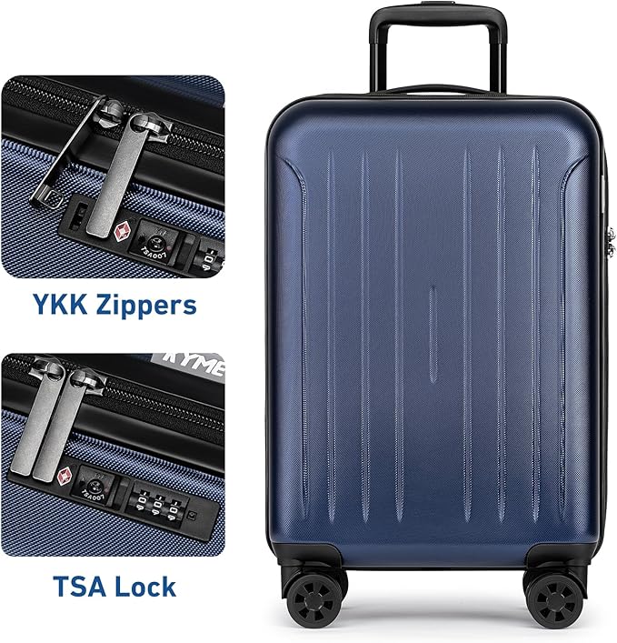 KYME Carry on luggage 22x14x9 Airline Approved Suitcase Hardshell With Double Spinner Wheels, PC+ABS TSA Lock Travel Luggage (Navy Blue, 20" Carry On)