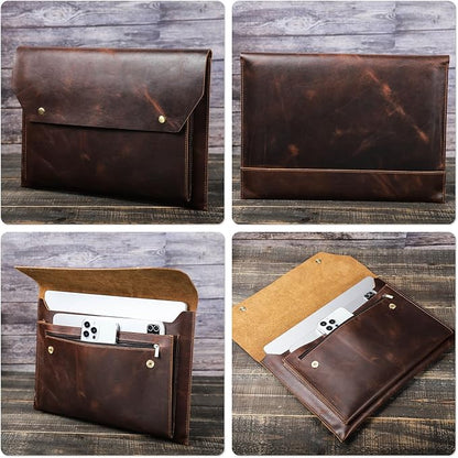 Top Grain Leather 14.2" Laptop Sleeve Bag, Magnet Snap Button Design & 3 Pockets, Compatible with MacBook Pro/Air 14"/13.3"/13.6" 2021 2022 M1 Pro/M1 Max A2442 & Other PC, Coffee 14.2 Inch