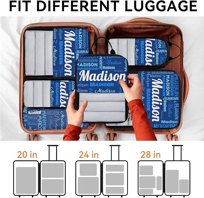 Personalized 6 Set Compression Packing Cubes for Travel Essentials with Name Customized Lightweight Carry on Expandable Luggage Organizer Bags for Women and Men, Blue