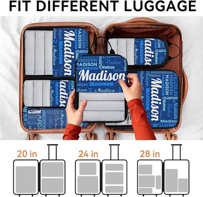 Personalized 6 Set Compression Packing Cubes for Travel Essentials with Name Customized Lightweight Carry on Expandable Luggage Organizer Bags for Women and Men, Blue