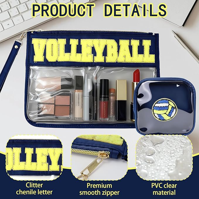 2Pcs Volleyball Gifts Makeup Bag with Chenille Letter Patch,with Handles Volleyball PVC Waterproof Clear Makeup Bag,Portable Toiletry Storage Bag,Players & Fans Birthday, Team or Sports Lover Presents