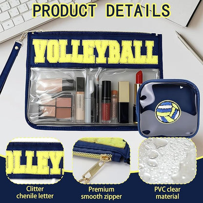 2Pcs Volleyball Gifts Makeup Bag with Chenille Letter Patch,with Handles Volleyball PVC Waterproof Clear Makeup Bag,Portable Toiletry Storage Bag,Players & Fans Birthday, Team or Sports Lover Presents