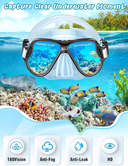 Zenoplige Mask Fins Snorkel Set, Snorkeling Gear for Adults, Panoramic View Snorkel Mask Anti-Fog, Adjustable Dive Flippers, Dry Top Snorkel and Travel Bag, Scuba Gear for Swimming Snorkeling Diving