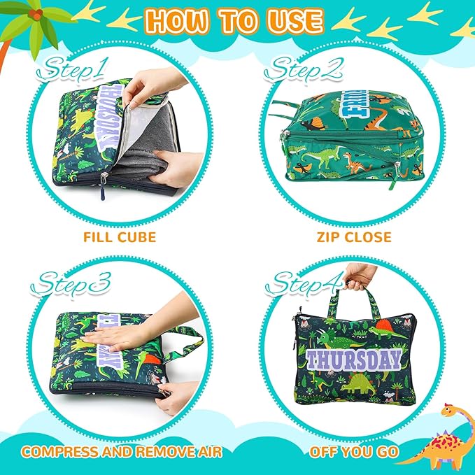 Paterr 7 Pcs Days of Week Packing Cubes Compression Packing Cubes for Kids Winter Camp Travel Daily Outfit Suitcase Organizers Zippered Storage Bag for Cruise Vacation Essentials(Dinosaur)