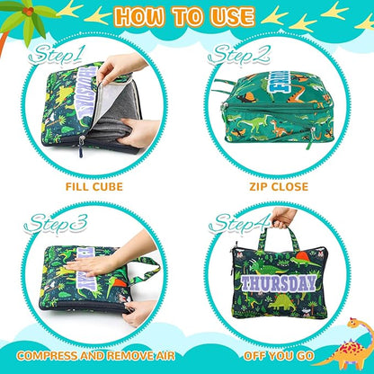 Paterr 7 Pcs Days of Week Packing Cubes Compression Packing Cubes for Kids Winter Camp Travel Daily Outfit Suitcase Organizers Zippered Storage Bag for Cruise Vacation Essentials(Dinosaur)