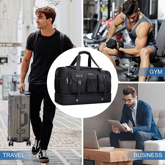 WITZMAN Duffle Bag for Men Large Carry On Travel Mens Weekender Overnight Bags with Shoes Compartment for Sports Gym(B723 Black)
