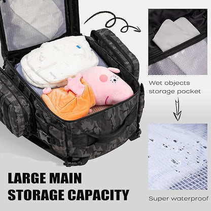 Dad Diaper Bag, Mens Diaper Bag Backpack with Diaper Changing Mat, Military Diaper Backpack with Molle Webbing, Waterproof Pouch, Baby Wipes pocket, Insulated Bottle Pockets- Black Camo