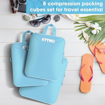 8 Set Compression Packing Cubes for Travel, Expandable Compression Cubes for Suitcases, Lightweight Suitcase Organizer with Shoes & Laundry Bags, Travel Accessories for Men Women