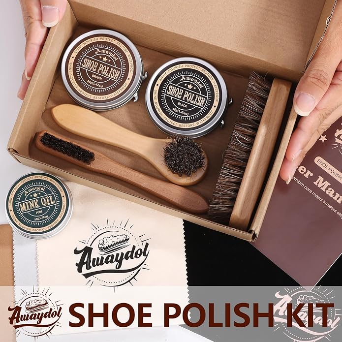 10 PCS Shoe Polish Kit - Horsehair Brushes, Black Brown Polish Cream,Mink Oil Conditioner for Shoes,Polishing Cloth, Leather Boots Shine Care Kit ﻿Gift for Men Cowboy Husband Dad ﻿