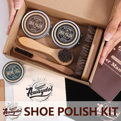 10 PCS Shoe Polish Kit - Horsehair Brushes, Black Brown Polish Cream,Mink Oil Conditioner for Shoes,Polishing Cloth, Leather Boots Shine Care Kit ﻿Gift for Men Cowboy Husband Dad ﻿