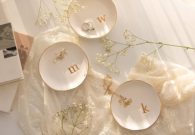 COLLECTIVE HOME - Ceramic Jewelry Tray, Decorative Trinket Dish for Rings Earrings Necklaces Bracelet Watch Keys, Birthday Mother's Day Christmas Gift for Women, 4.75", White Surface (F)
