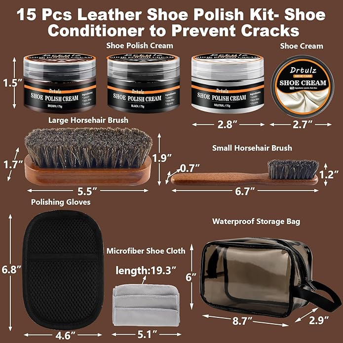 15Pcs Shoe Care Kit, Shoe Polish Brush Cleaning Kit Black Brown Neutral Oil Gentle Care for Shoes, Leather Boots Care Shoe Shine Kit with Men & Women