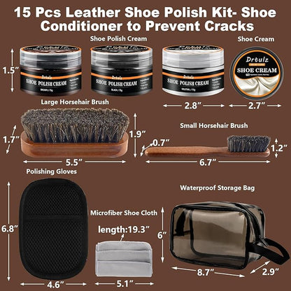 15Pcs Shoe Care Kit, Shoe Polish Brush Cleaning Kit Black Brown Neutral Oil Gentle Care for Shoes, Leather Boots Care Shoe Shine Kit with Men & Women