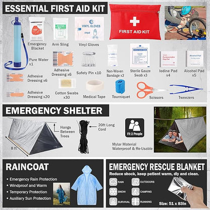 Gifts for Men Christmas Survival Kit, Survival Gear and Equipment 258 PCS with Water Filter, Emergency Tent, LED Lantern, First Aid Kit Supplies, 25L Backpack for Family, Outdoor Camping, Hiking