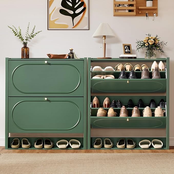 ORRD Shoe Storage Cabinet with 2 Flip Drawers, Wood Narrow Shoe Cabinet for Entryway, Fluted Hidden Shoe Organizer, Freestanding Slim Shoes Cabinets for Foyer, Hallway-Green