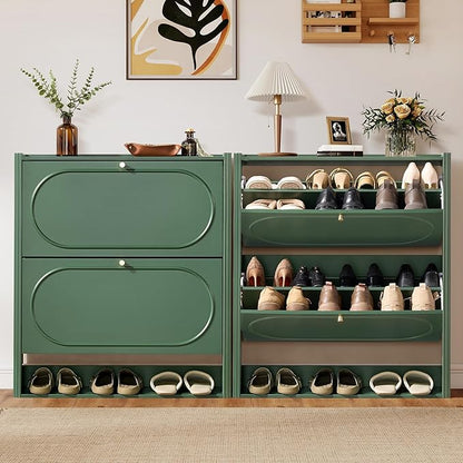 ORRD Shoe Storage Cabinet with 2 Flip Drawers Set of 2, Wood Narrow Shoe Cabinet for Entryway, Fluted Hidden Shoe Organizer, Freestanding Slim Shoes Cabinets for Foyer, Hallway-Green