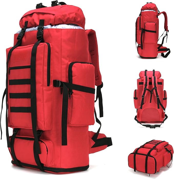 100L Hiking Camping Backpack MOLLE Rucksack Waterproof Daypack (Red)