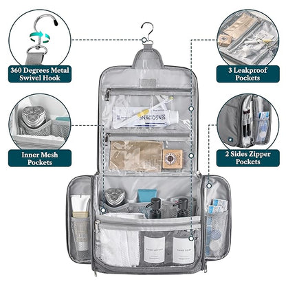 PAVILIA Large Hanging Toiletry Bag Travel Bag Women Men, Cosmetic Organizer, Water Resistant Makeup Bag Accessories Toiletries, Travel Essentials Kit, Grey