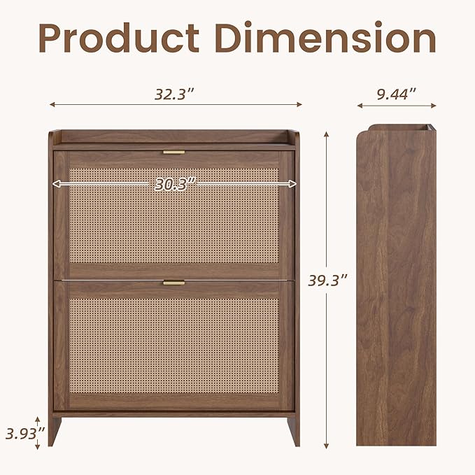 EROMMY Shoe Storage Cabinet, Farmhouse Ratten Shoe Cabinet, Modern Freestanding Organizer with 2 Flip Drawers, Hallway, Narrow Shoe Rack Cabinet for Entryway, Slim Shoe Cabinet, Walnut