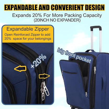 3pcs Set Softside Luggage Sets With Spinner Wheels, Expandable Softshell Suitcase Set with front pocket, 28inch, 24inch, 20inch Lightweight fabric luggage(BLUE)