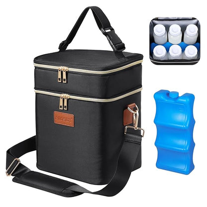 PIIOSER Breastmilk Cooler Bag with Ice Pack Fits 6 Baby Bottles Up to 9 Ounce, Insulated Baby Bottle Tote Bags, Double Layer Waterproof Leak-Proof with Shoulder Strap for Nursing &Working Mom