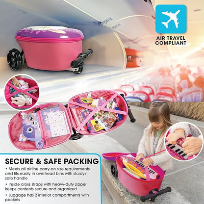 KIDDIETOTES Ride-On Scooter Suitcase for Kids – Hardside Lightweight Carry-On Luggage with Foldable Scooter, LED Wheels, Travel Fun for Toddlers & Children