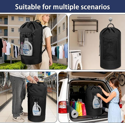 Laundry Bag Backpack with 3 Sizes Mesh Wash Bags and Shoulder Straps Foldable Clothes Hamper Bag with Drawstring Closure for College, Apartment, Laundromat (Black)