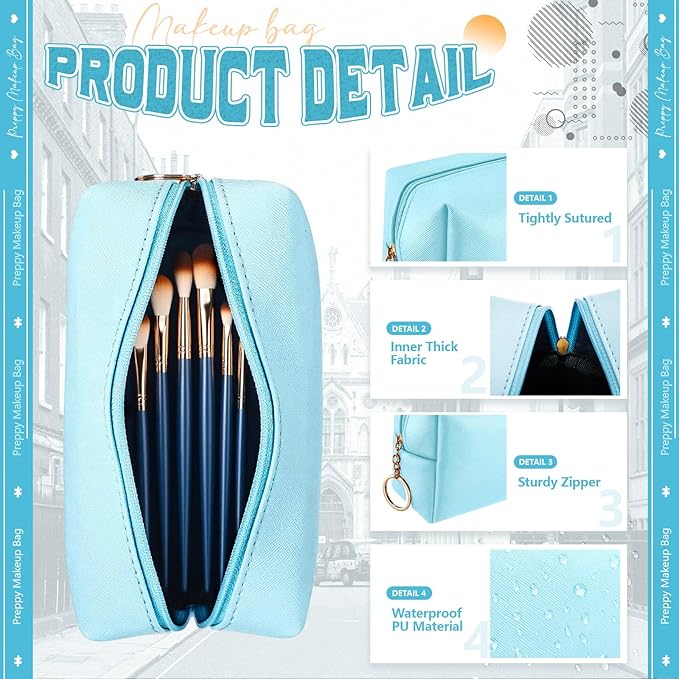 Chunful 24 Pcs Preppy Makeup Bag PU Leather Cosmetic Bag Bulk Makeup Plain Pouch Waterproof Toiletry Purse for Women Traveling Preppy Pencil Case Travel Purse Cosmetic (Blue)