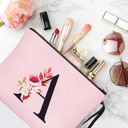 Vavabox A-Z Personalized Makeup Bag, Birthday Gifts for Women Mom, Gifts for Best Friend, Bride Bridesmaid Cosmetic bag (A, Pink)