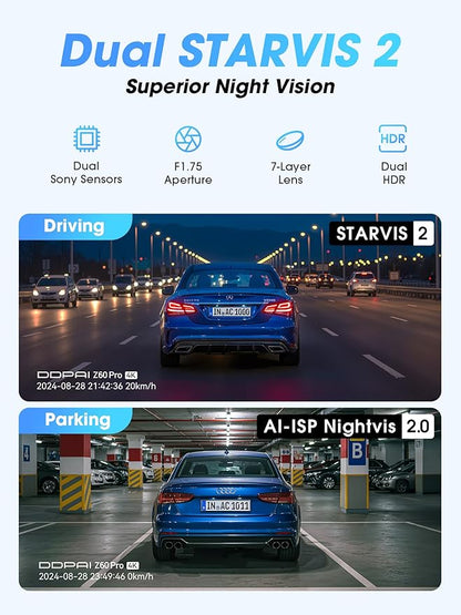 DDPAI 4K Dual Dash Cam Front and Rear, Dual STARVIS 2 IMX678 IMX662 Dashcam, Free 128G Card Included,Car Camera with 32G eMMC, 3K/60FPS, 5G WiFi GPS, 3" IPS, Night Vision, 24H Parking Mode, Z60 Pro