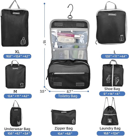 8 Set Expandable Compression Packing Cubes for Suitcases Travel Essentials Carry On Waterproof Storage Bag With Dry And Wet Separation Black