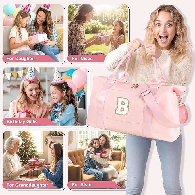 Dance Gym Duffel Bag for Teen Girls, Personalized Initial Travel Weekender Bag,Cute Overnight Carry On Duffle for Women,Sports Travel Cheer Bag,Monogram Christmas Gifts for Tween Preppy(pink-B)