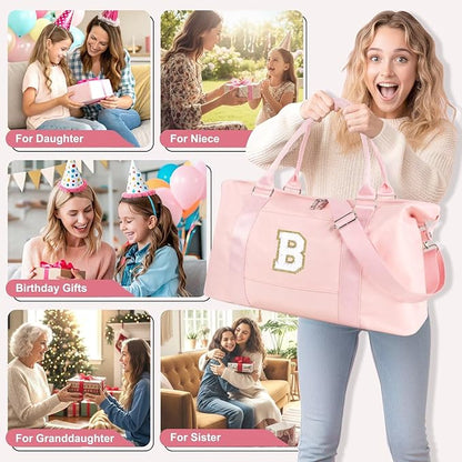 Dance Gym Duffel Bag for Teen Girls, Personalized Initial Travel Weekender Bag,Cute Overnight Carry On Duffle for Women,Sports Travel Cheer Bag,Monogram Christmas Gifts for Tween Preppy(pink-B)