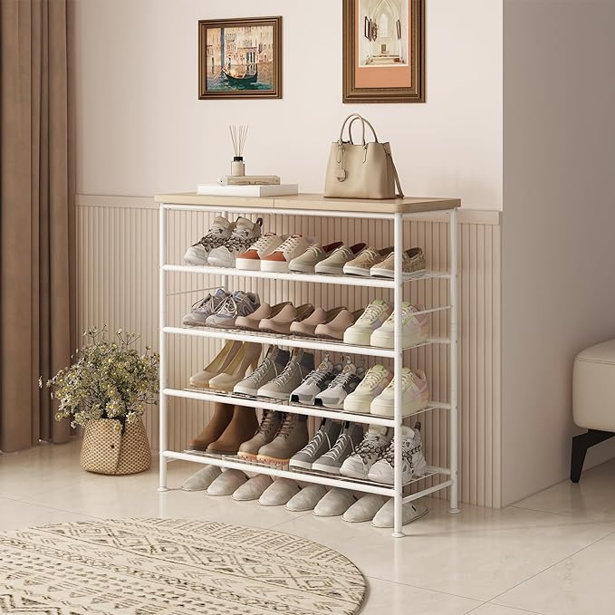 SUOERNUO Shoe Rack Organizer 5 Tier for Closet Entryway Free Standing Metal Storage Shoe Shelf with MDF Top Board，White+Oak