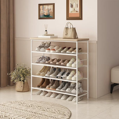 SUOERNUO Shoe Rack Organizer 5 Tier for Closet Entryway Free Standing Metal Storage Shoe Shelf with MDF Top Board，White+Oak