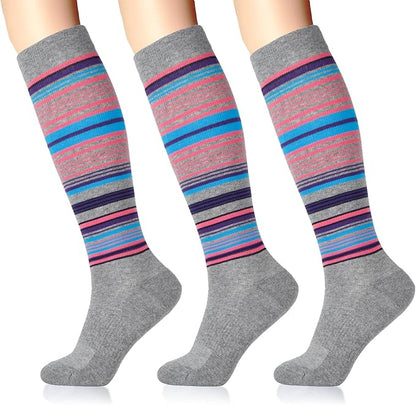 LIN PERFORMANCE Compression Socks for Women and Men 3 Pairs 8-15 mmHg Cotton Knee High Support Socks for Travel Sport